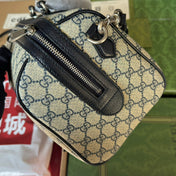 OPHIDIA LARGE BOSTON BAG 31 IN BEIGE AND BLUE GG CALFSKIN
