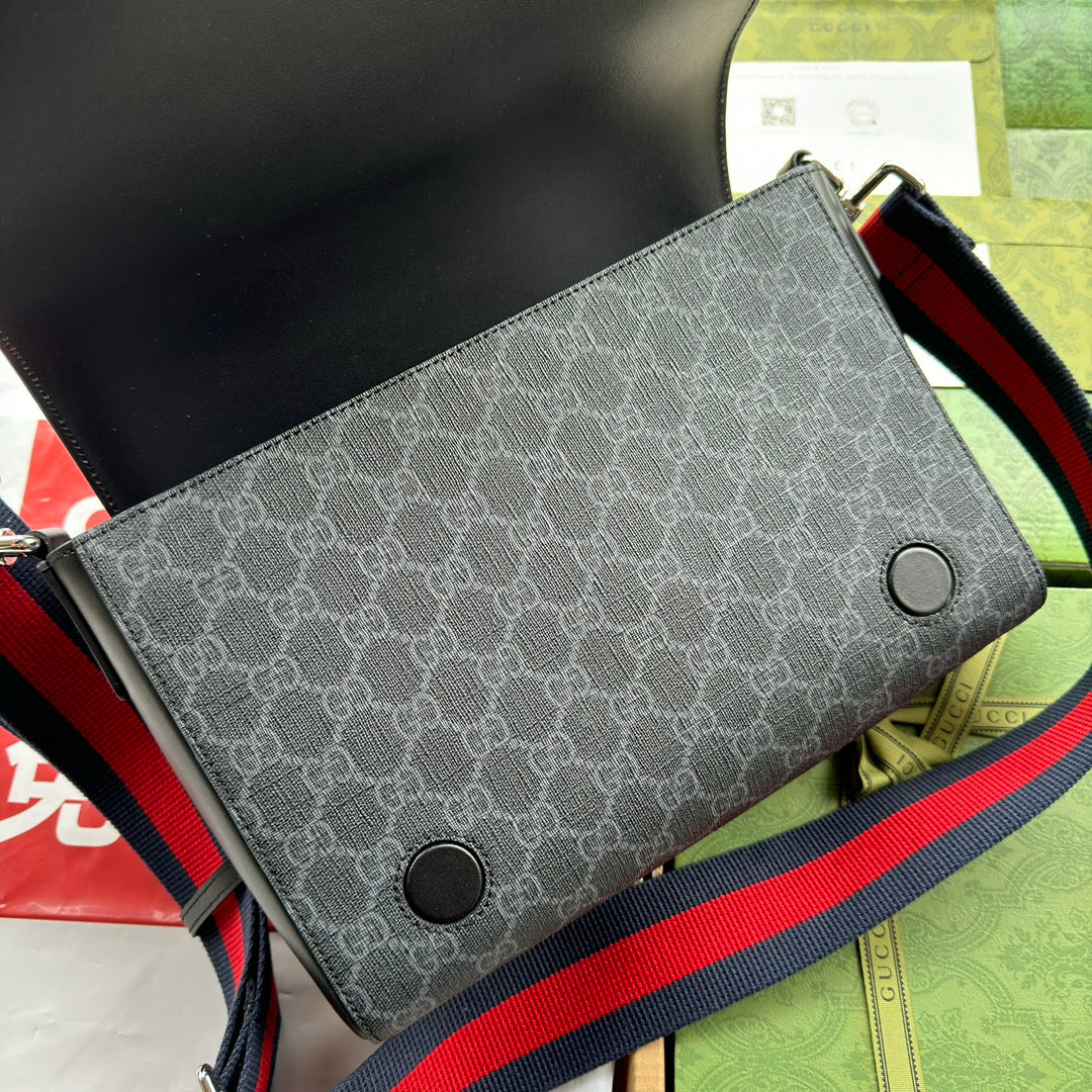 OPHIDIA MEDIUM MESSENGER FLAP BAG 27 IN DARK GREY AND BLACK CALFSKIN