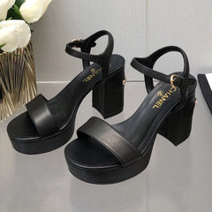 BLOCK HEEL 9 CM SANDAL IN BLACK LAMBSKIN