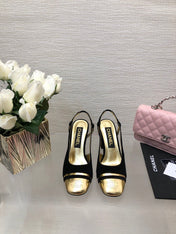 HIGH SLINGBACKS IN BLACK SUEDE AND GOLDEN LAMBSKIN