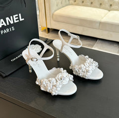 CC Little Camellia World Thin High Sandals White Lambskin