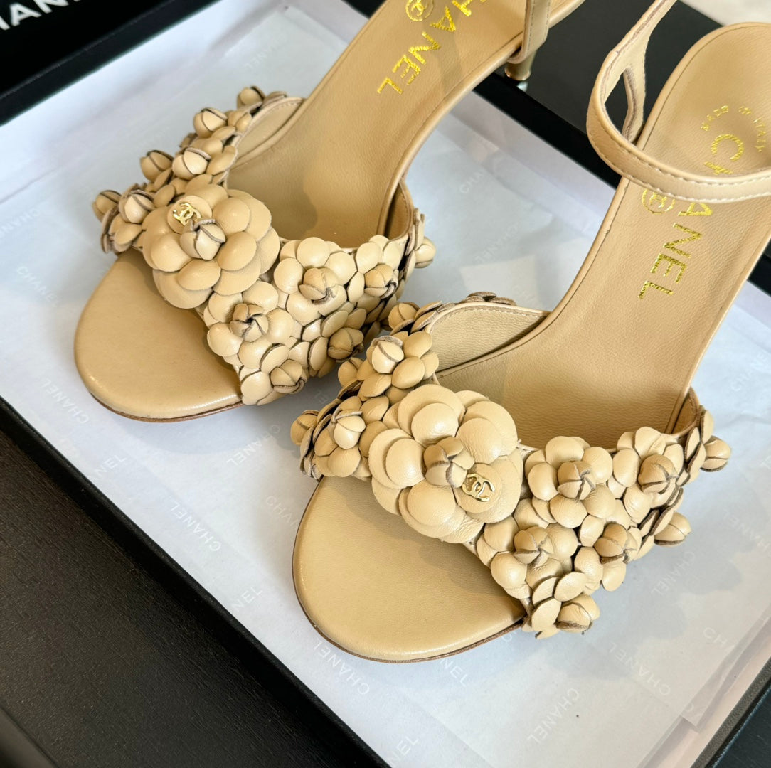 CC Little Camellia World Thin High Sandals Tan Brown Lambskin