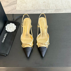 SLINGBACK WITH BOW IN GOLDEN MIX BLACK LAMBSKIN