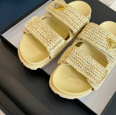 PRA RAFFIA CORK SLIDE PASTEL YELLOW CALFSKIN