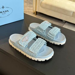 PRA RAFFIA CORK SLIDE SKY CALFSKIN