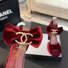 HIGH SANDAL OPEN TOE IN MAROON RED VELVET