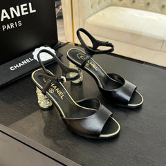 T-STRAP PEARL HEEL 85 MM SANDALS IN BLACK LAMBSKIN