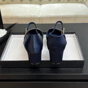 BLOCK HEEL SLINGBACKS IN NAVY BLUE MIX BLACK SILK FABRIC