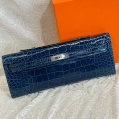 KELLY CUT 31 IN NAVY BLUE SHINNY ALLIGATOR LEATHER WITH SILVER HARDWARE