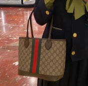 GG OPHIDIA SMALL 25 TOTE IN BEIGE AND EBONY CANVAS