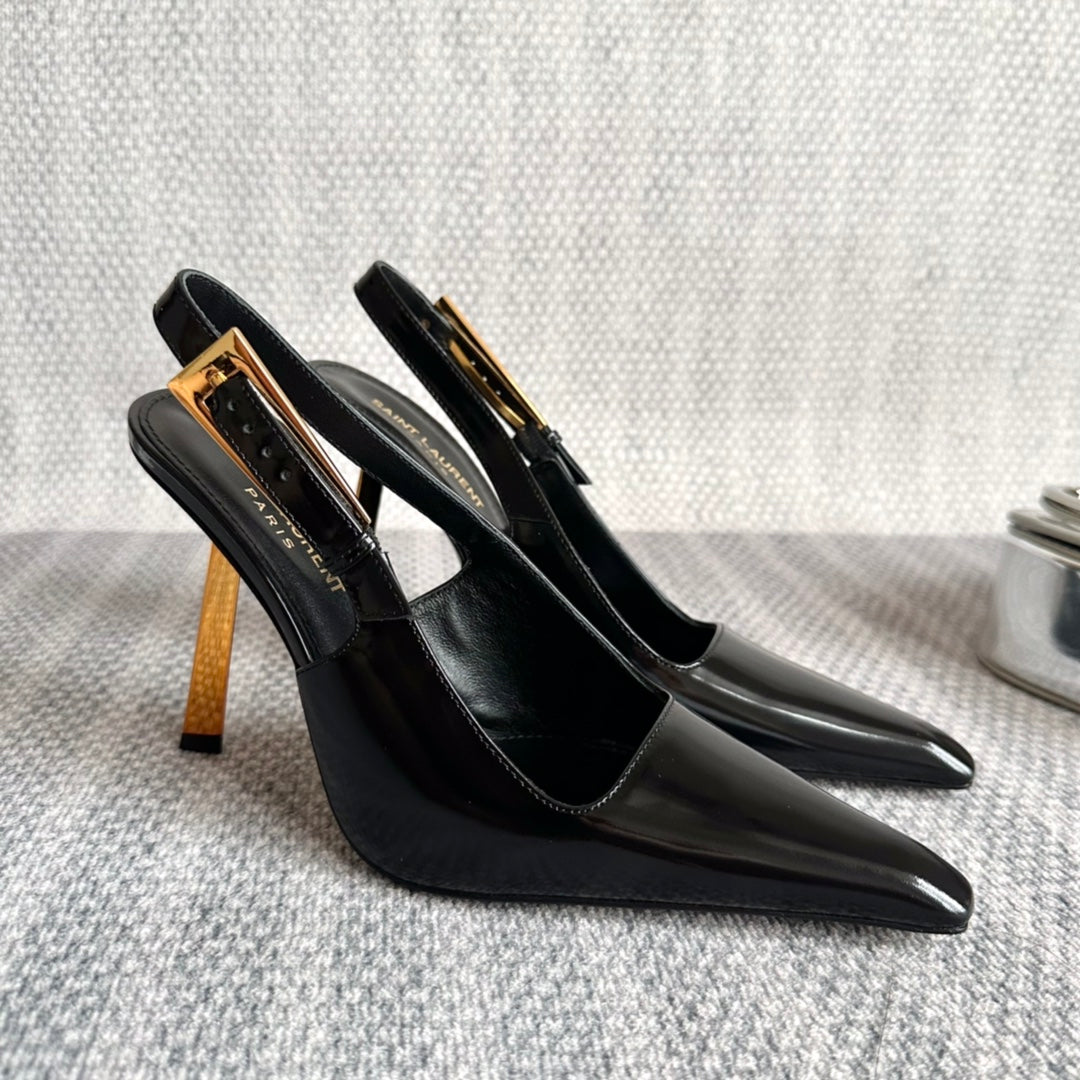 LEE SLINGBACK PUMPS 105 IN BLACK PATENT LEATHER GOLD HEEL