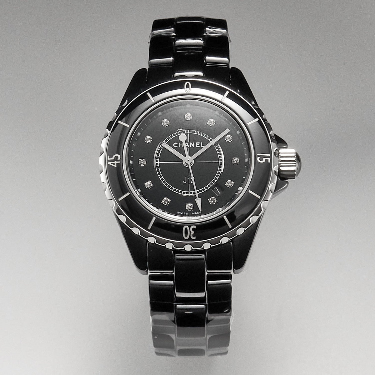 J12 Date Quartz Black Ceramic Diamond Numerals Black Dial