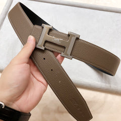 HM H D'ANCRE BELT BUCKLE & REVERSIBLE COFFEE BROWN LEATHER STRAP 38 MM SILVER HARDWARE