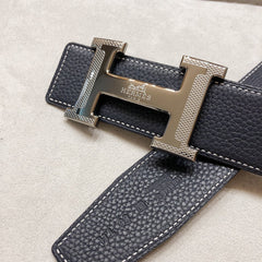 HM H D'ANCRE BELT BUCKLE & REVERSIBLE BLACK LEATHER STRAP 38 MM GREY SILVER HARDWARE