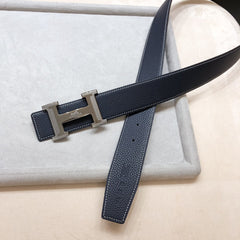 HM H D'ANCRE BELT BUCKLE & REVERSIBLE BLACK LEATHER STRAP 38 MM GREY SILVER HARDWARE