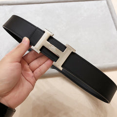 HM H D'ANCRE BELT BUCKLE & REVERSIBLE BLACK LEATHER STRAP 38 MM SILVER HARDWARE