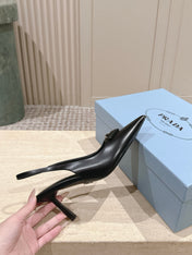 PRADA 26S POINTED-TOE SLINGBACK HEELS 75MM IN BLACK SHINY CALFSKIN