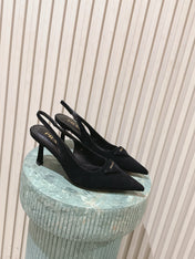PRADA 26S POINTED-TOE SLINGBACK HEELS 75MM IN BLACK SUEDE WITH LOGO