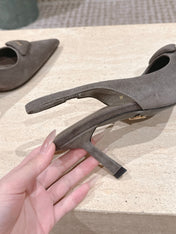 PRADA 26S POINTED-TOE SLINGBACK HEELS 75MM IN TAUPE GRAY SUEDE WITH LOGO