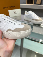 LV WOMEN GROOVY PLATFORM IN CAMEL BROWN SUEDE MIX WHITE EMBOSSED CALFSKIN