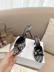 DIOR 26S KITTEN HEEL SLIDE SANDALS 85MM IN BLACK MONOGRAM CANVAS CALFSKIN CHAIN STRAP