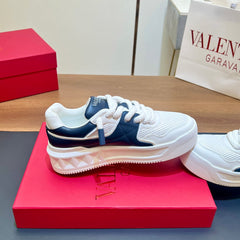 VALENTINO 25S GARAVANI ONE STUD XL PLATFORM SNEAKERS IN WHITE MIX DARK NAVY BLUE LAMBSKIN