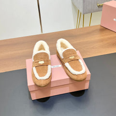 LOAFERS IN CIDER BROWN SUEDE AND WHITE SHEARLING TRIM