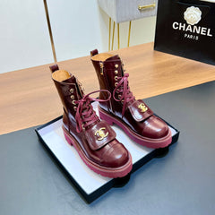 CHANEL 25S HIGH ANKLE BOOTS WITH ZIPPER IN BURGUNDY BROWN CALFSKIN GOLD HARDWRE