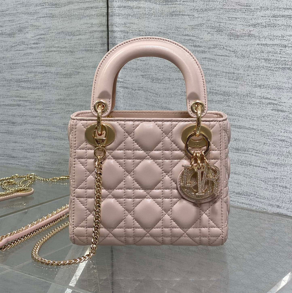 DIOR 25S MINI LADY DIOR BAG 17 IN PINK CALFSKIN CHARM CRYSTAL EMBELLISHMENTS