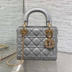 DIOR 25S MINI LADY DIOR BAG 17 IN DARK GRAY CALFSKIN CHARM CRYSTAL EMBELLISHMENTS