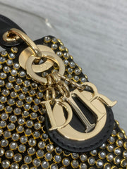 DIOR 25S MINI LADY D-LITE BAG 12 IN BLACK CANVAS AND CALFSKIN CRYSTAL-STUDDED