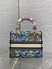 DIOR 25S SMALL LADY D-LITE BAG 24 IN BLUE AND WHITE CANVAS FLORAL EMBROIDERY