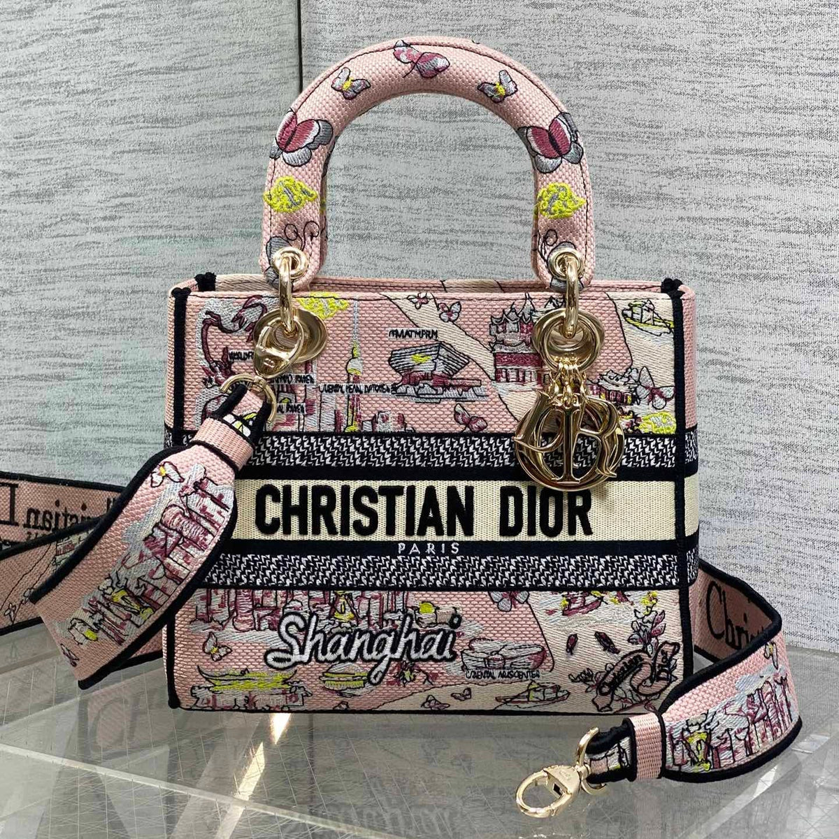 DIOR 25S SMALL LADY D-LITE BAG 24 IN PINK CANVAS DIOR BUTTERFLY