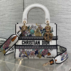 DIOR 25S SMALL LADY D-LITE BAG 24 IN WHITE DIOR FLOWERS CALENDAR ALLOVER EMBROIDERY