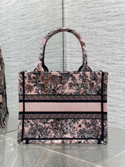 DIOR 25S LUCKY SMALL DIOR BOOK TOTE 26 IN PINK MULTICOLOR DIOR FLOWERS CALENDAR ALLOVER EMBROIDERY