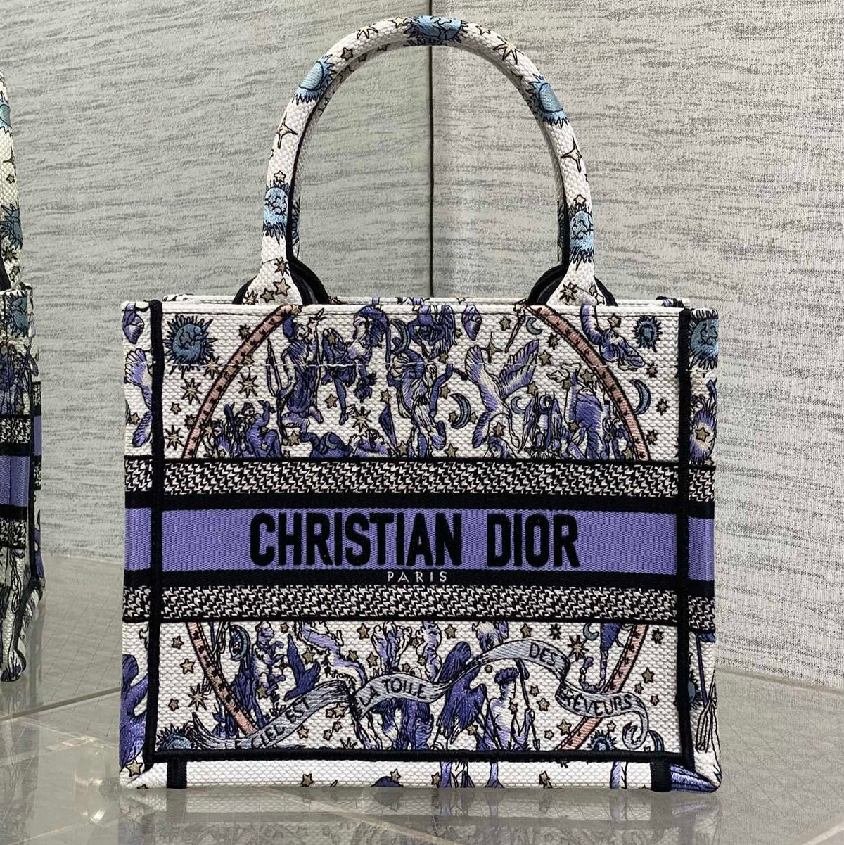 DIOR 25S SMALL BOOK TOTE 26 IN WHITE AND PURPLE DIOR NIGHT OF DREAMS EMBROIDERY