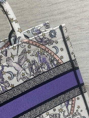 DIOR 25S LUCKY MEDIUM BOOK TOTE 36 IN WHITE AND PURPLE DIOR NIGHT OF DREAMS EMBROIDERY