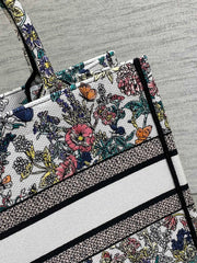 DIOR 25S LUCKY MEDIUM BOOK TOTE 36 IN MULTICOLOR COTTON FLOWERS CALENDAR ALLOVER EMBROIDERY