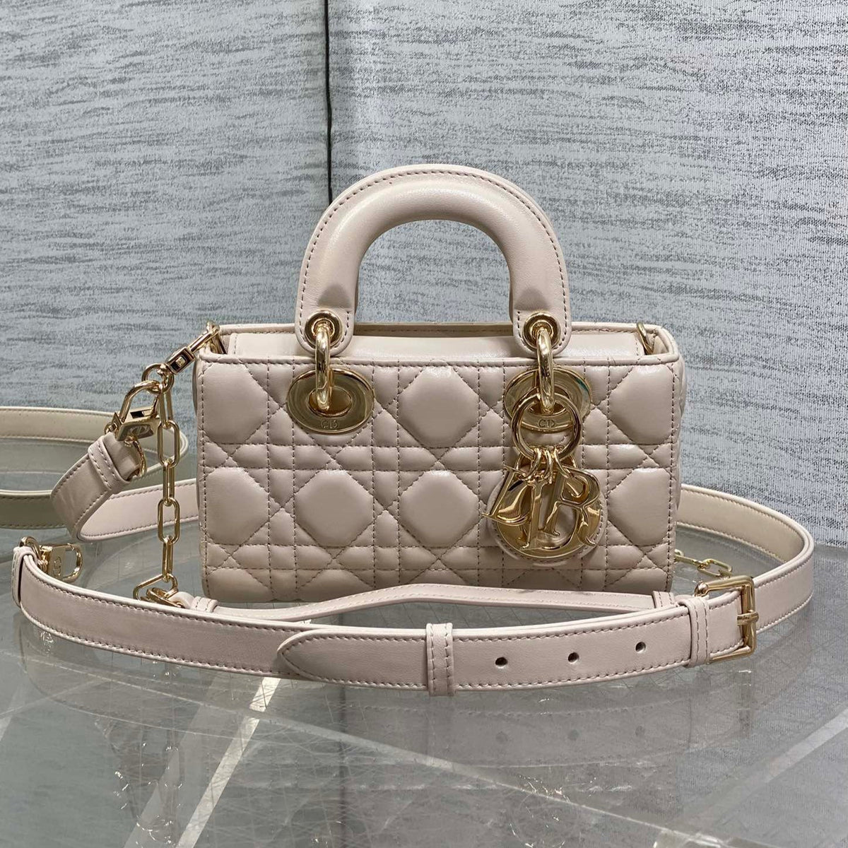 DIOR 25S MICRO LADY D-JOY 19 IN BEIGE CALFSKIN GOLD HARDWRE