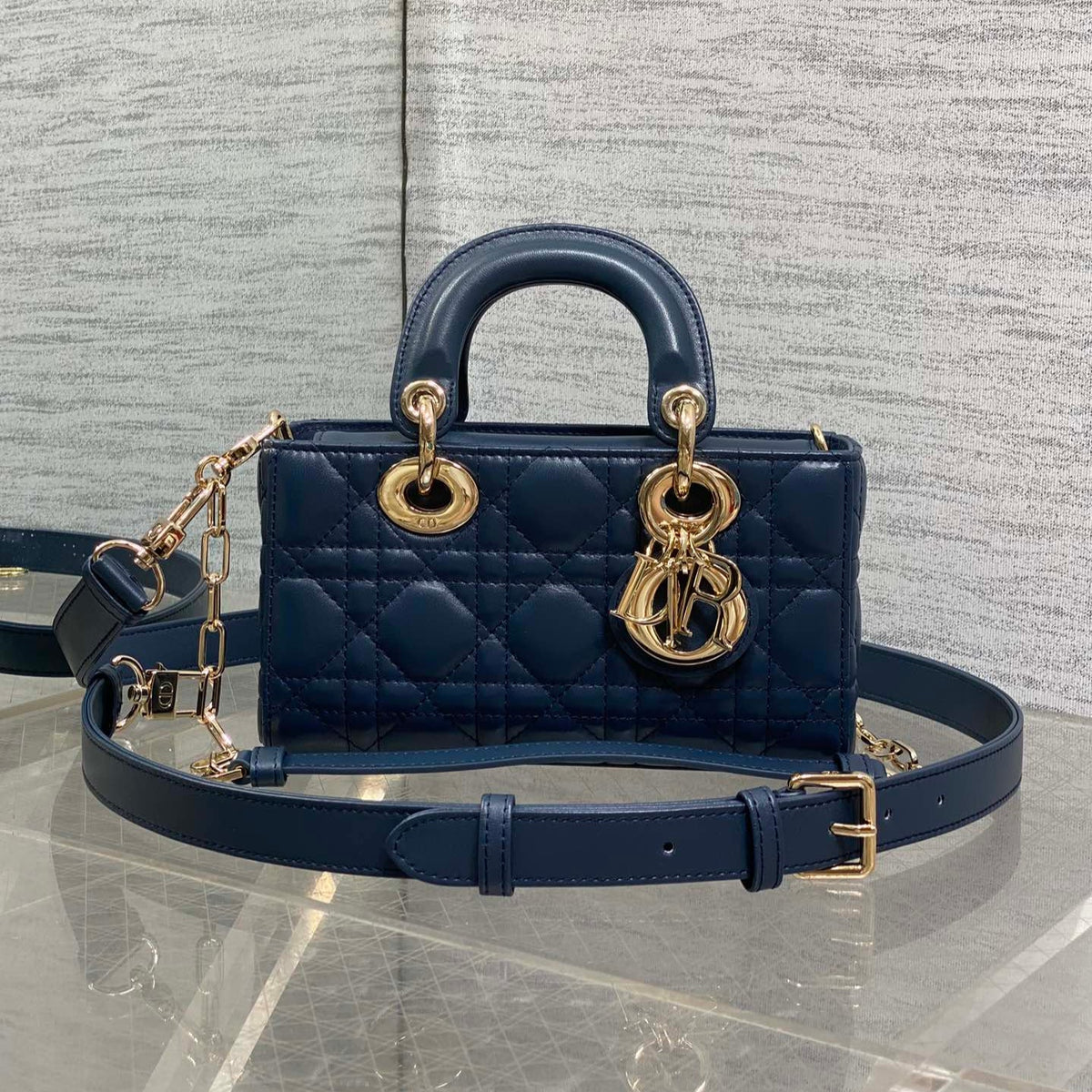 DIOR 25S SMALL LADY D‑JOY BAG 19 IN DARK BLUE CANNAGE CALFSKIN GOLD HARDWARE