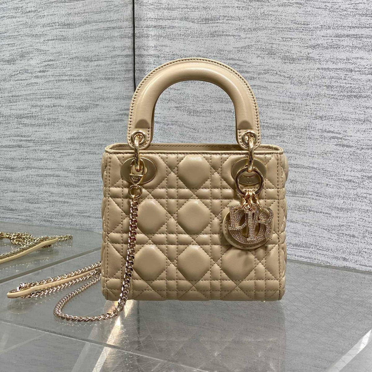DIOR 25S MINI LADY DIOR BAG 17 IN BISCUIT CALFSKIN CHARM CRYSTAL EMBELLISHMENTS