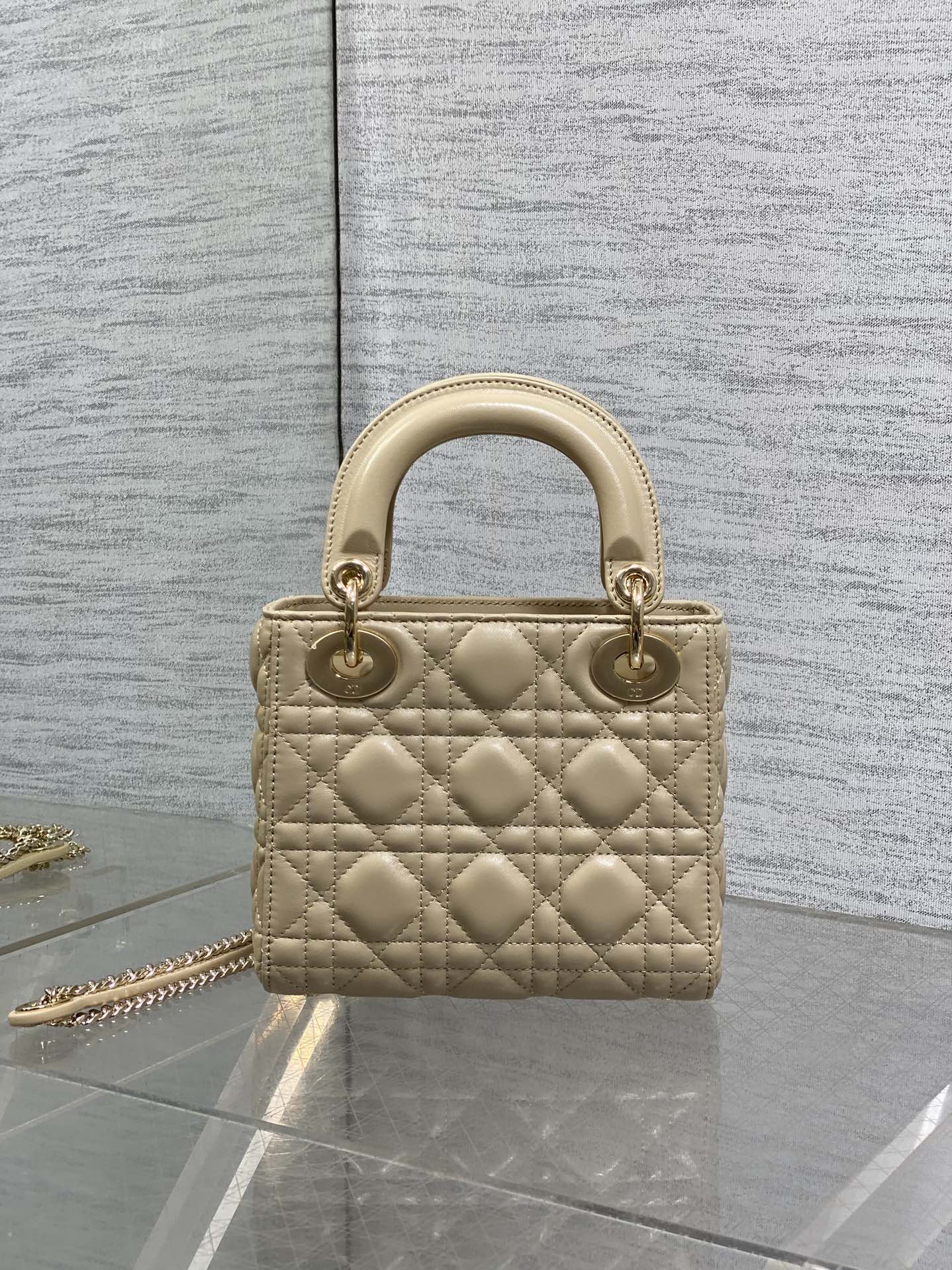DIOR 25S MINI LADY DIOR BAG 17 IN BISCUIT CALFSKIN CHARM CRYSTAL EMBELLISHMENTS