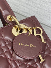 DIOR 25S MEDIUM LADY BAG 24 IN BURGUNDY CALFSKIN GOLD HARDWARE
