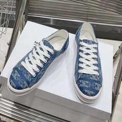 JANE SNEAKERS LOW LACE-UP WITH TRIOMPHE PATCH IN CANVAS AND CALFSKIN DETAIL DENIM/ WHITE LOGO
