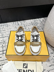 FENDI MATCH LOW-TOPS IN DARK TAN MIX WHITE CALFSKIN