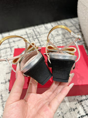 VLTN HIGH HEEL 25S 40 MM IN BLACK FABRIC MIX SILVER CALFSKIN WITH BOW