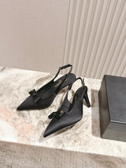 CC HIGH SLINGBACK IN BLACK SATIN WITH BOW ATTACHED