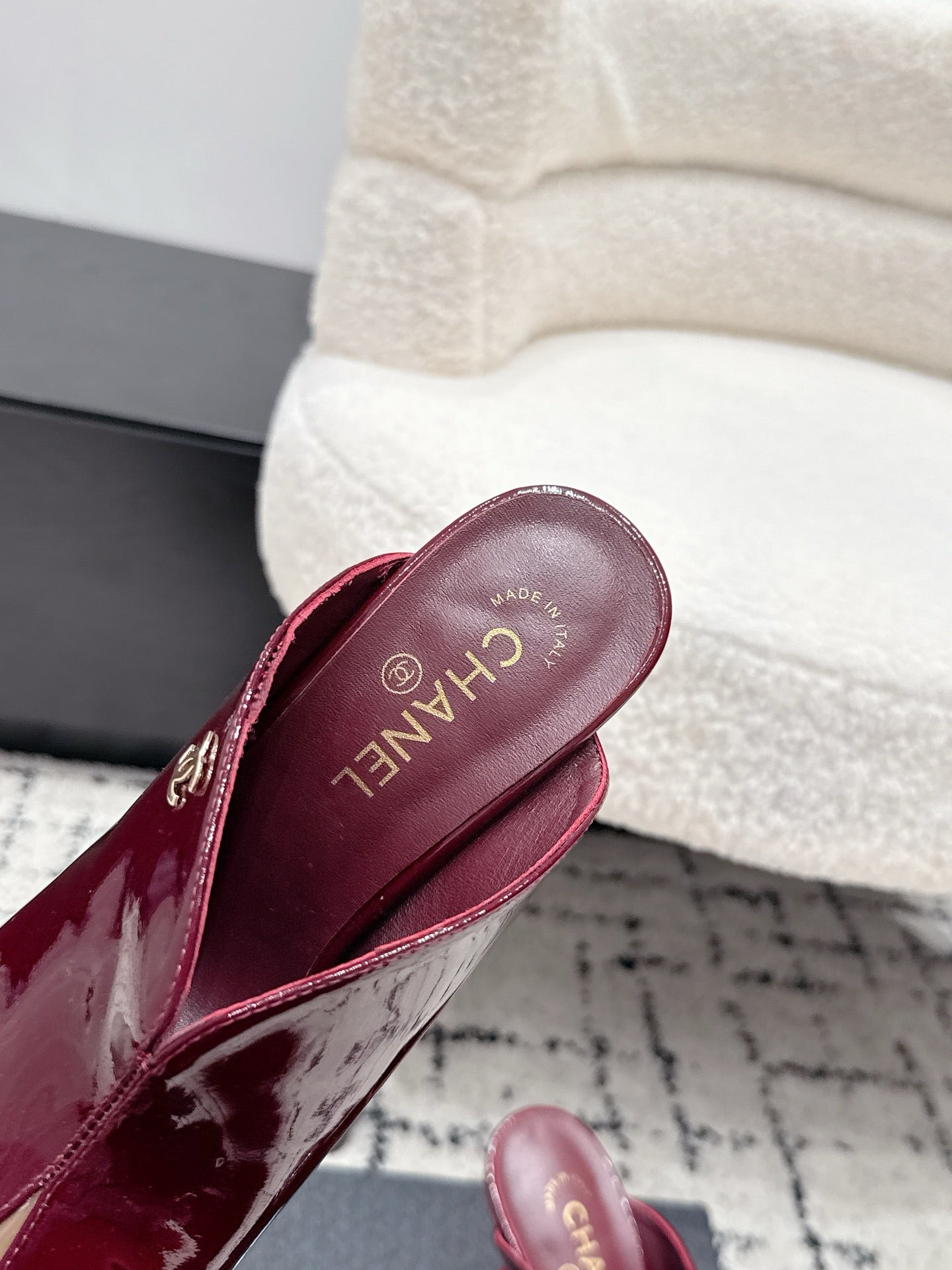 CHANEL 26S SQUARE-TOE HEELED MULES 95 MM IN MERLOT RED PATENT LAMBSKIN