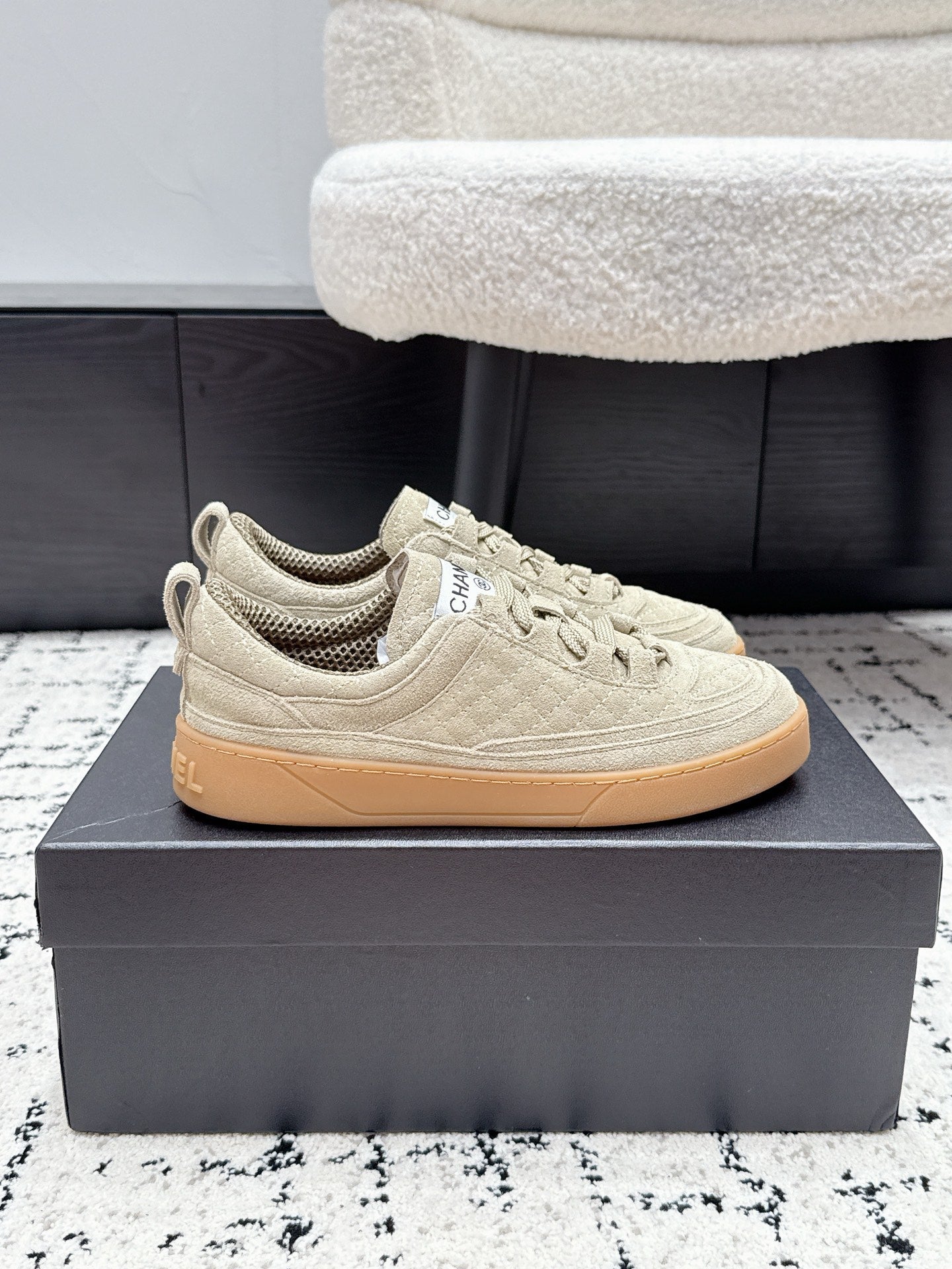 CHANEL 26S QUILTED SNEAKERS IN SAND BEIGE SUEDE