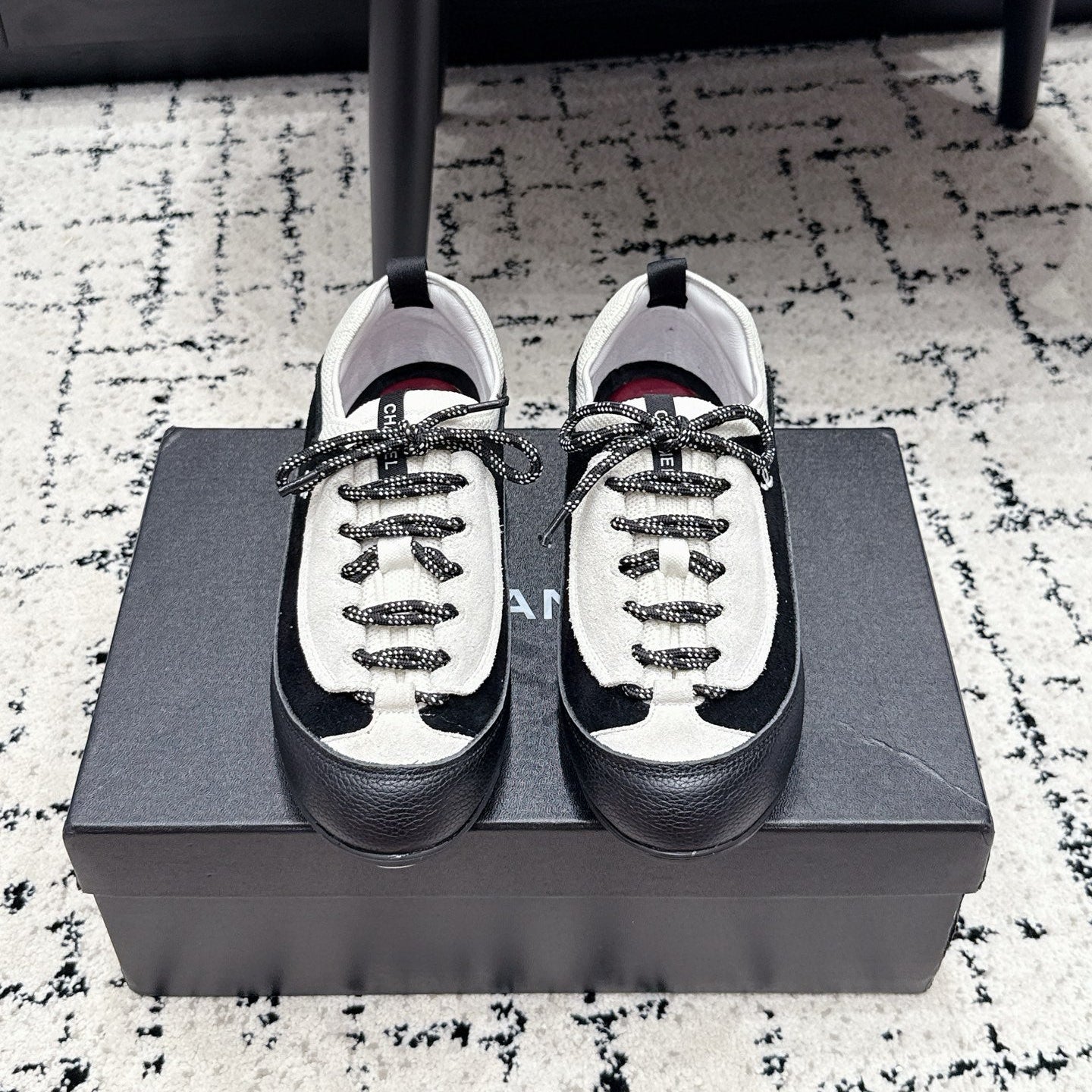 CHANEL 26S LACE-UP SNEAKERS IN WHITE MIX BLACK SUEDE AND LAMBSKIN